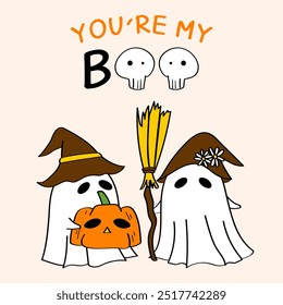 Dibujado a mano Feliz día de Halloween Pareja Fantasma con cita.