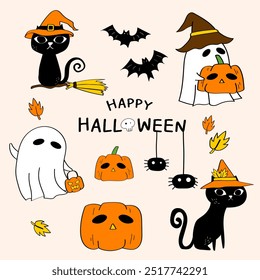 Hand-Drawn Happy Halloween day element.Collection of cartoon Ghost, Black cat, Pumpkin, Bat, Spider.