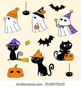 Hand-Drawn Happy Halloween day element.Collection of cartoon Ghost, Black cat, Pumpkin, Bat, Spider.