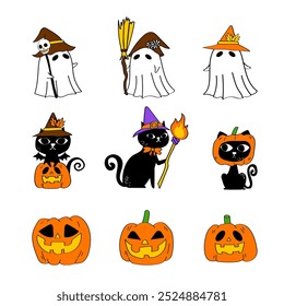 Hand-Drawn Happy Halloween day element.Collection of cartoon Ghost, Black cat, Pumpkin