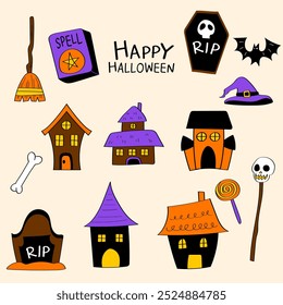 Hand-Drawn Happy Halloween day element.Collection of cartoon Ghost House, Pumpkin, Bat, Spider.
