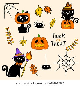 Hand-Drawn Happy Halloween day element.Collection of cartoon Black cat, Pumpkin, Bat, Spider.