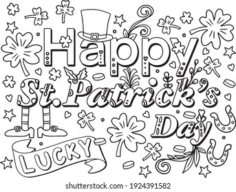 Hand-drawn. Happy St.Patrick's Day. Doodles art with elements for background or cards. Coloring page for adults and kids. Vector Illustration