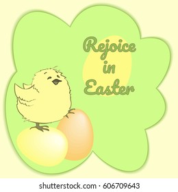 Hand-drawn happy yellow chick with colored easter eggs and text "Rejoice in Easter"