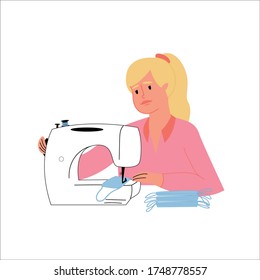 Hand-drawn happy young girl sitting at a sewing machine. Home production of protective masks. A woman sews things. Vector colorful illustration on an isolated white background.