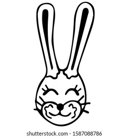 Hand-drawn hare head with a cute smile. Black and white isolated child's drawing. Vector.