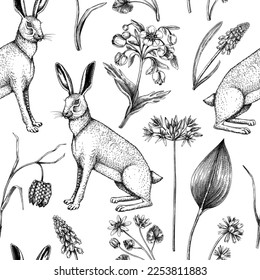 Hand-drawn hares background design. Vintage woodland flower sketches. Seamless spring pattern. Forest plants, wildflowers, and rabbits illustration for print. Vintage animals decorative backdrop.