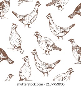 Hand-drawn hazel grouse. Vector  seamless pattern