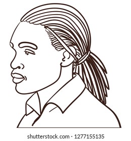 Hand-drawn head of an African-American male with long-haired camel and business shirt. frontal, profile, and from the side, neutral facial expression. ouline, comic, face, portrait.