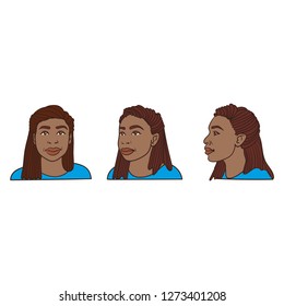 Hand-drawn head of an African-American woman with brown skin and rasta camo. with a laughing expression. Vector graphic, in brown, blue, frontal, half from the side, profile view.