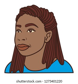 Hand-drawn head of an African-American woman with brown skin and rasta camo. with a laughing expression. Vector graphic, in brown, blue, frontal, half from the side, profile view.