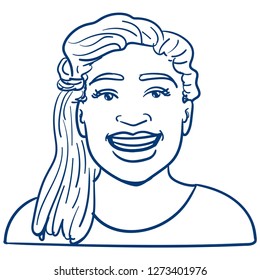 Hand-drawn head of an African-American woman with brown skin and rasta camo. with a laughing expression. Vector graphic, in brown, blue, frontal, half from the side, profile view, outline, comic.