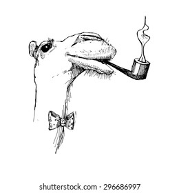 Hand-drawn head of a camel. Sketch of the head of a camel. Retro illustrations.Camel with a bow tie and pipe.