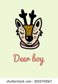 A hand-drawn head of a cute deer boy, a forest kid head with a turtleneck, a cute animal character, black and white, funny card 