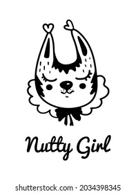 A hand-drawn head of a cute squirrel girl with a collar, Nutty girl, a forest animal head doodle, a cute animal character, black and white, funny card 