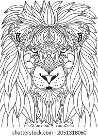 Hand-drawn Head Lion doodle with flower decorative elements. Coloring page for adults and kids. Vector Illustration