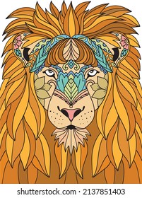 Hand-drawn Head Lion doodle with flower decorative elements. Coloring page for adults and kids. Vector Illustration