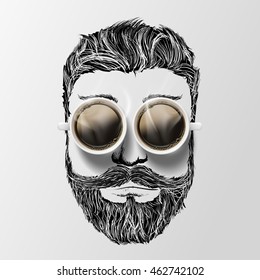 Hand-drawn head of a man with a mustache and beard. Cups of coffee as glasses. Good morning and wake up. Hipster style. Stock vector illustration.