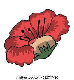 hand-drawn head of red flower without leaves or stalk