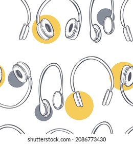 Hand-drawn headphones. Vector  seamless pattern