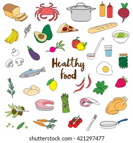 Handdrawn Healthy Food Doodles Stock Vector (Royalty Free) 421297477 ...