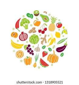 Hand-drawn healthy food. Fruits and vegetables in an original organic style. Vector illustration isolated on white background. Great for sites, menu design, packaging, cooking book or advertising.