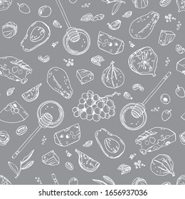 Hand-drawn healthy food pattern. Avocado, grape, lemon, nuts, paper, cheese, olives, figs, garlic, honey, spices background. Isolated vector illustration.