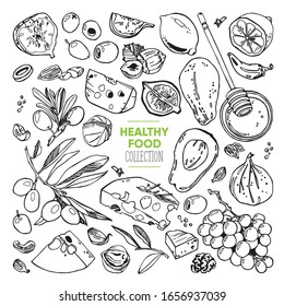 Hand-drawn healthy food set. Stock vector illustration. Avocado, grape, lemon, nuts, paper, cheese, olives, figs, garlic, honey, spices background. Isolated vector illustration.