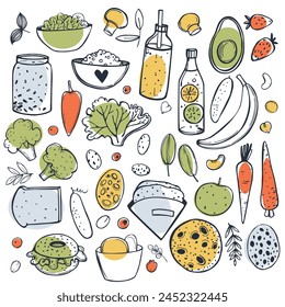 Hand-drawn healthy food. Vector sketch illustration. 