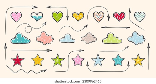 Hand-drawn heart and arrow icons for design. Casual doodles icons and objects. Vector scalable graphics