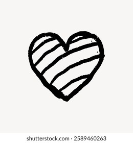 Hand-drawn heart with black stripes on a white background. Simple design, striped heart illustration, drawing, black and white heart art. Love element vector.