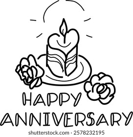 Hand-drawn heart candle vector doodle with roses. Cute and simple "Happy Anniversary."