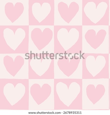 Hand-Drawn Heart Checkered Seamless Pattern. Cute and Simple Texture with Hearts and Squares. Modern Romantic Background