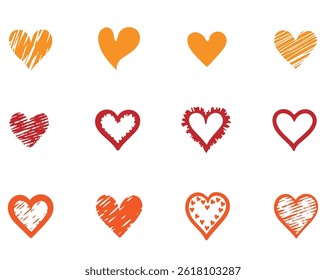 Hand-Drawn Heart Clipart Collection – Colorful Sketch Style Love Icons, Vector Illustrator EPS Fully Editable File.