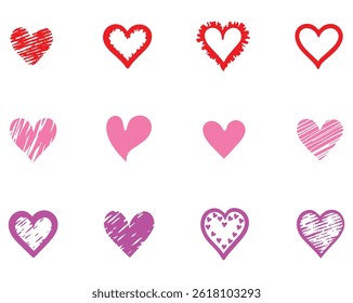 Hand-Drawn Heart Clipart Collection – Colorful Sketch Style Love Icons, Vector Illustrator EPS Fully Editable File.
