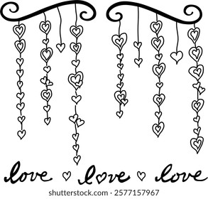 Hand-drawn heart dangle vector doodle set. Hearts and love, love, love.