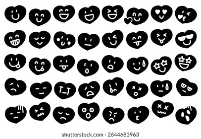 Hand-drawn heart expression icon set (monochrome)