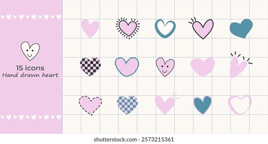 A hand-drawn heart icon collection featuring 15 unique vector designs. Perfect for Valentine’s Day projects, greeting cards, social media, web design, crafts, stickers, and creative decor