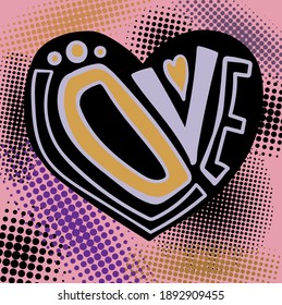 Hand-drawn heart illustration with a signing "Love". Vector illustration.