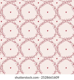 Hand-Drawn Heart and Leaf Garland Seamless Pattern - Red on Beige
