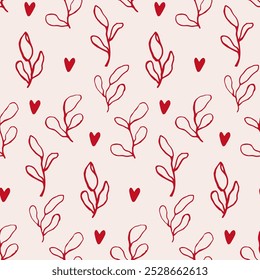 Hand-Drawn Heart and Leaf Seamless Pattern - Red on Beige. Rustic and vintage style. Playful and romantic for Valentine's Day designs, invitations, stationery, gift wrap, fabric prints, home decor
