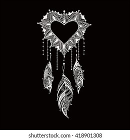 Hand-drawn heart mandala dreamcatcher with feathers. Ethnic illustration, tribal, American Indians traditional symbol.
