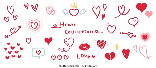 Colección material del corazón dibujado a mano. Varios tipos de marcas cardíacas. Iconos del vector.