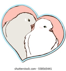 Hand-drawn heart with a pair of lovers of pigeons. Valentine day vector illustration for a holiday