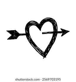 Hand-drawn heart pierced by an arrow, black sketch style, isolated on white background. Concept of love, romance, and affection. Valentine's day illustration.