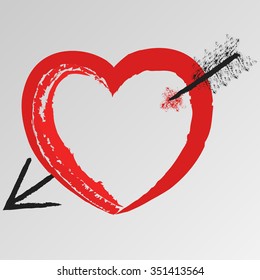 Hand-drawn a heart pierced by an arrow, sign or symbol of a Valentines day and love, vector