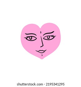 Hand-drawn heart. Pink symbol of romance with face and eyes.