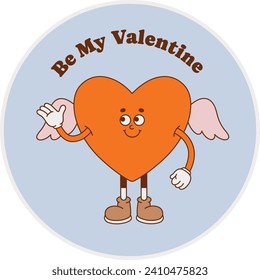 The hand-drawn heart retro character with a phrase. Vector illustration in trendy retro cartoon style. Love, Valentine's Day.