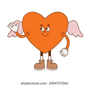 El carácter retro del corazón dibujado a mano. Ilustración vectorial en el estilo retro de caricatura de moda. Amor, Día de San Valentín.