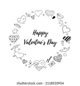Hand-drawn heart in the shape of a circle and the inscription HAPPY VALENTINE'S DAY. Outline vector illustration.